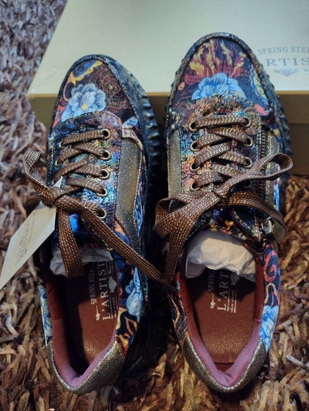 L'artiste Spring Step Floral Metallic Lace-Up Sneakers - Blue, Brown, Gold